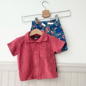 Ben Sherman 12 Month Coral Linen Cotton Button Down Shirt Shorts Matching Set